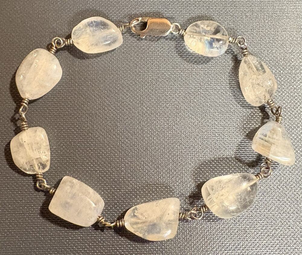 Sterling Silver and Moonstone Handwrapped Beaded Bracelet 8.5 Inches